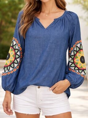 Crown & Ivy Chambray Embroidered Sleeve Peasant Blouse XS Boho